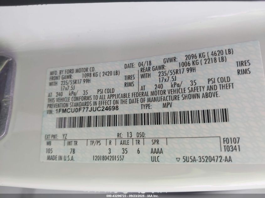 2018 Ford Escape S VIN: 1FMCU0F77JUC24698 Lot: 43296723