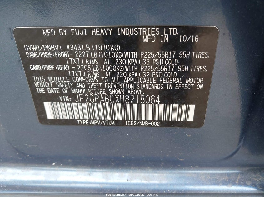 2017 SUBARU CROSSTREK 2.0I PREMIUM JF2GPABCXH8218064