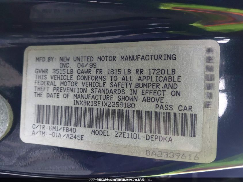 1999 Toyota Corolla Ce VIN: 1NXBR18E1XZ259180 Lot: 43296738