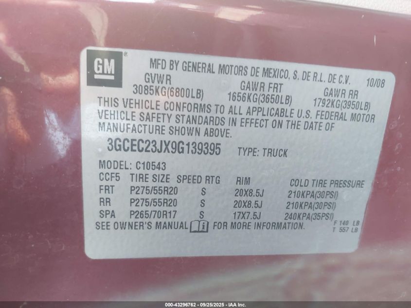 2009 Chevrolet Silverado 1500 Lt VIN: 3GCEC23JX9G139395 Lot: 43296762