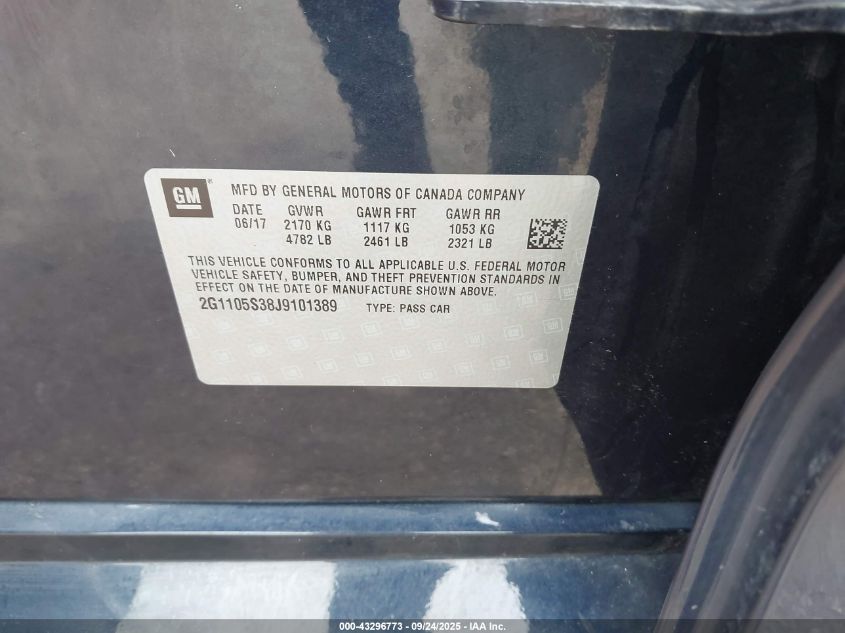 2018 Chevrolet Impala 1Lt VIN: 2G1105S38J9101389 Lot: 43296773