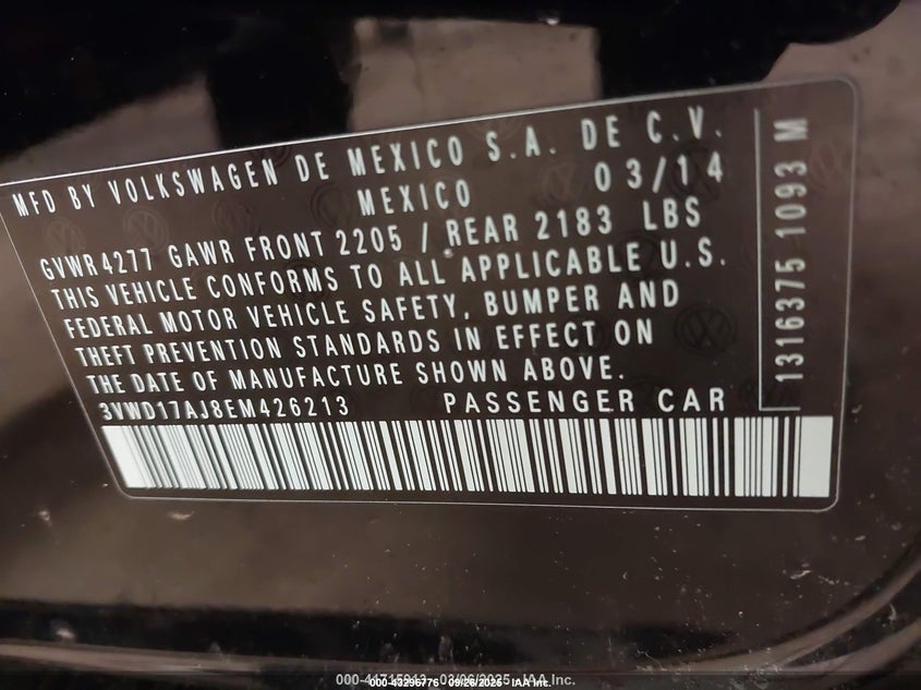 2014 Volkswagen Jetta 1.8T Se VIN: 3VWD17AJ8EM426213 Lot: 43296776