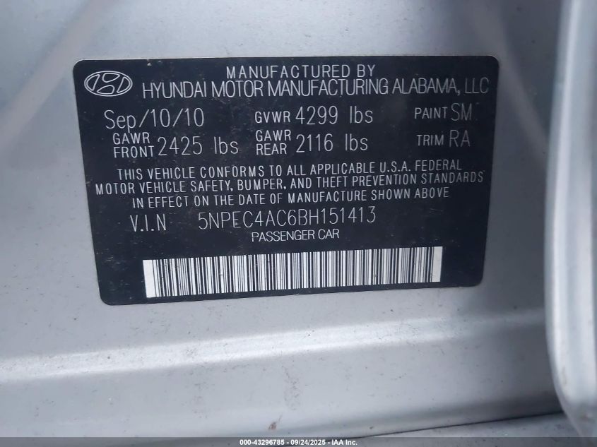 2011 Hyundai Sonata Se VIN: 5NPEC4AC6BH151413 Lot: 43296785