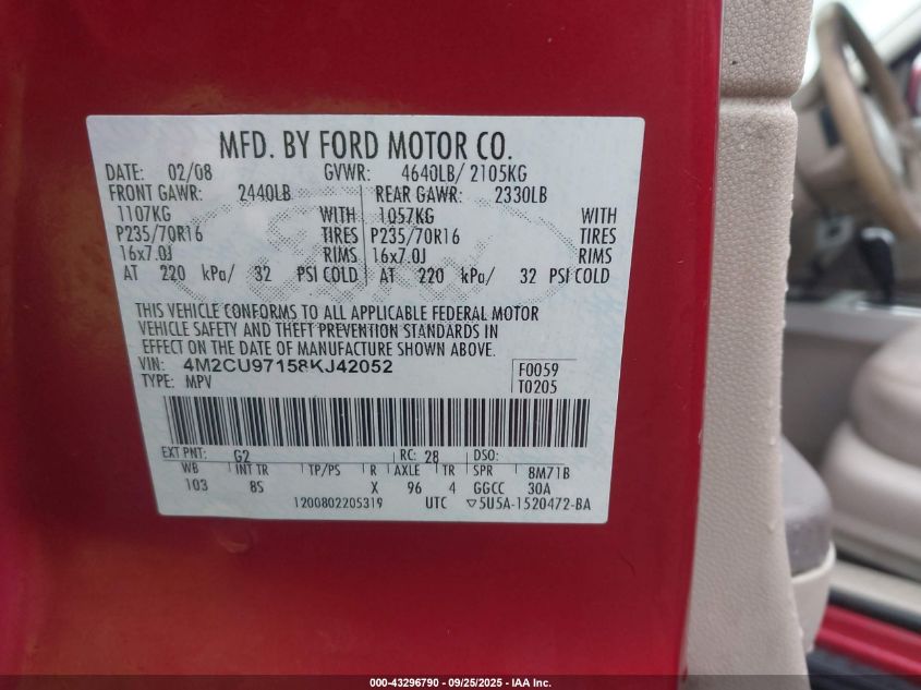 2008 Mercury Mariner Premier VIN: 4M2CU97158KJ42052 Lot: 43296790