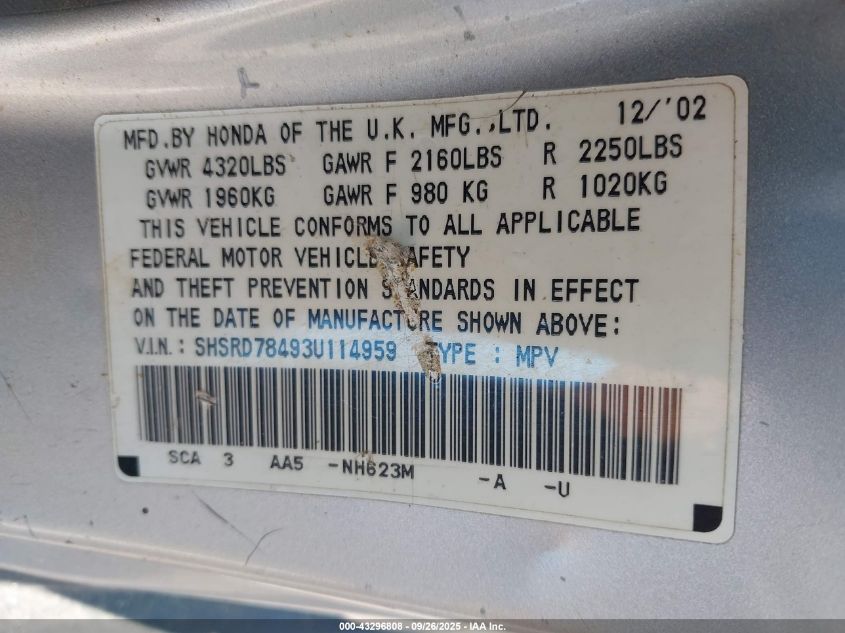2003 Honda Cr-V Lx VIN: SHSRD78493U114959 Lot: 43296808