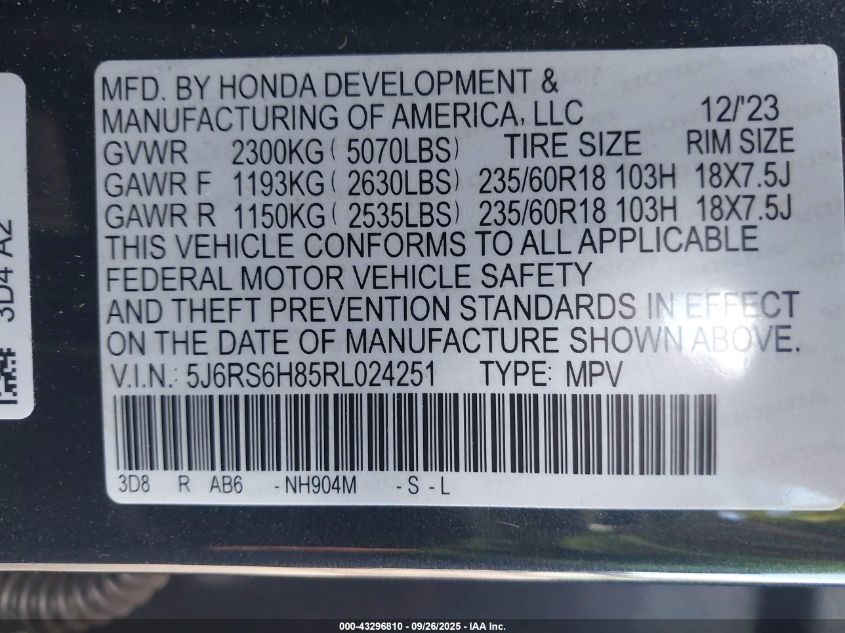 2024 Honda Cr-V Hybrid Sport-L VIN: 5J6RS6H85RL024251 Lot: 43296810