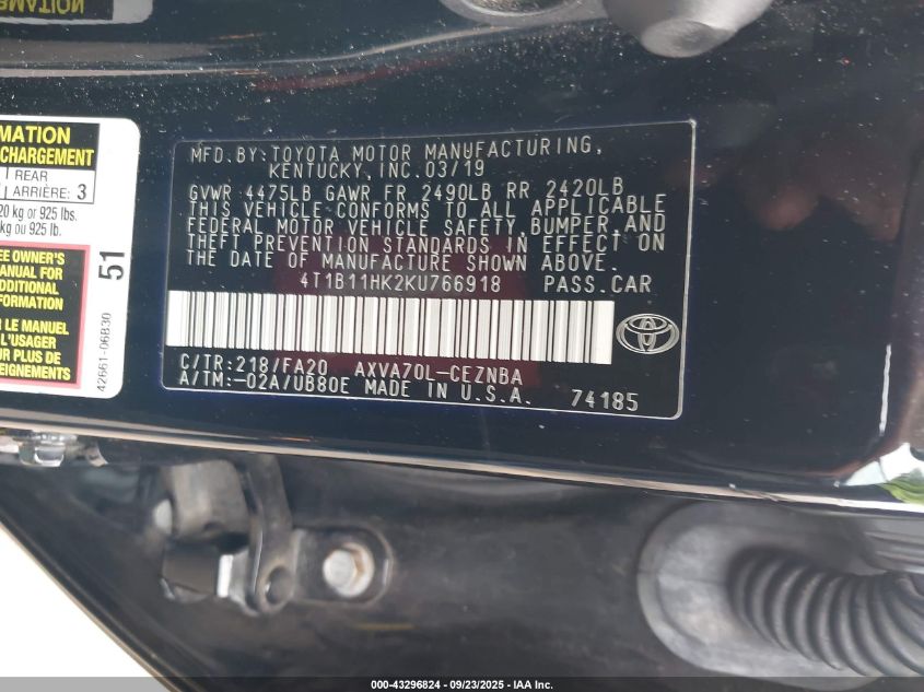 2019 Toyota Camry Le VIN: 4T1B11HK2KU766918 Lot: 43296824