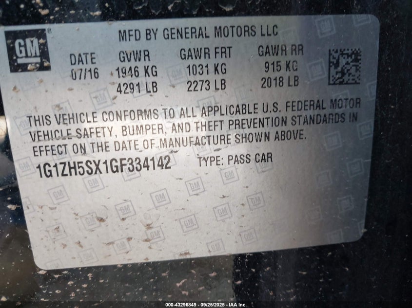 2016 Chevrolet Malibu Premier VIN: 1G1ZH5SX1GF334142 Lot: 43296849