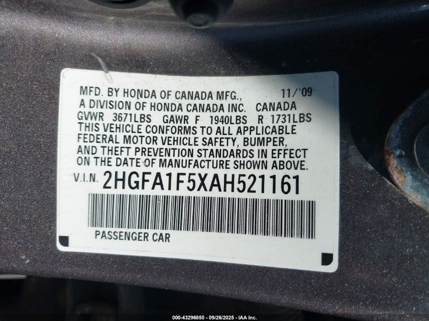 2010 Honda Civic Lx VIN: 2HGFA1F5XAH521161 Lot: 43296850