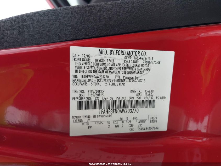 2010 Ford Focus Se VIN: 1FAHP3FN0AW203770 Lot: 43296860