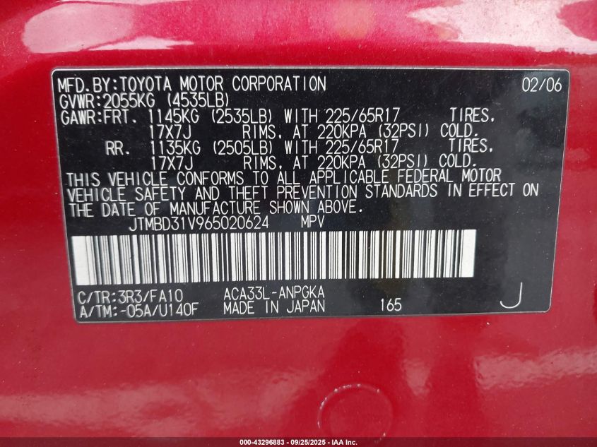 2006 Toyota Rav4 Limited VIN: JTMBD31V965020624 Lot: 43296883