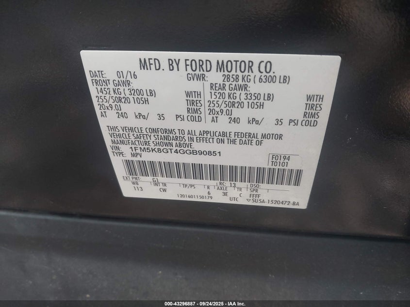 2016 Ford Explorer Sport VIN: 1FM5K8GT4GGB90851 Lot: 43296887