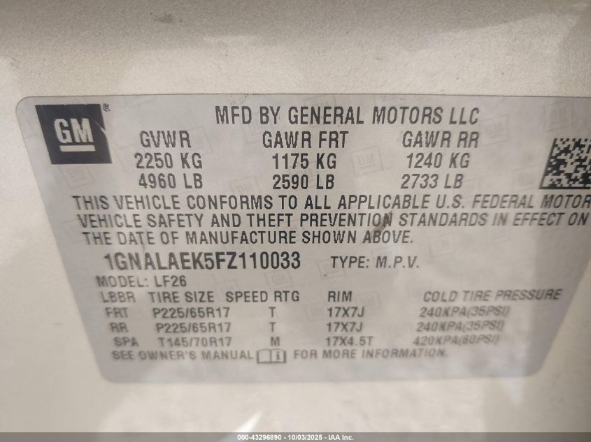 2015 Chevrolet Equinox Ls VIN: 1GNALAEK5FZ110033 Lot: 43296890