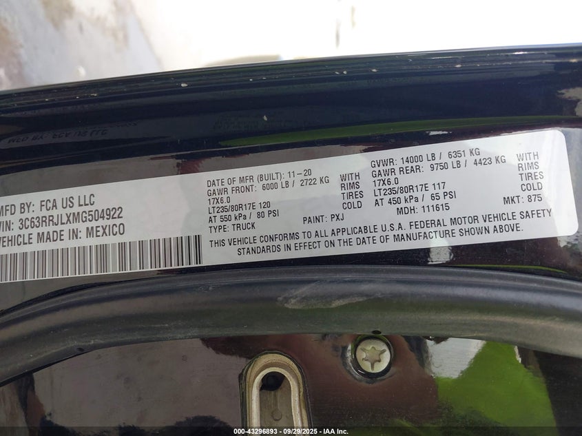 2021 Ram 3500 Laramie 4X4 8' Box VIN: 3C63RRJLXMG504922 Lot: 43296893