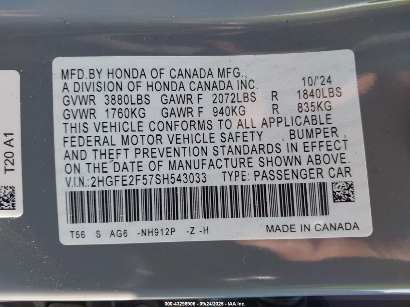 2025 Honda Civic Sport VIN: 2HGFE2F57SH543033 Lot: 43296908