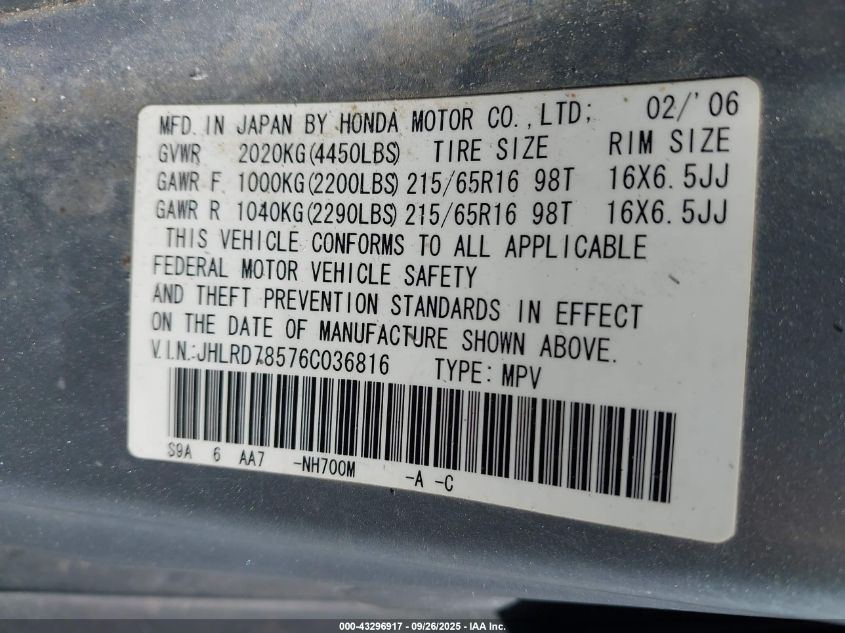 2006 Honda Cr-V Lx VIN: JHLRD78576C036816 Lot: 43296917