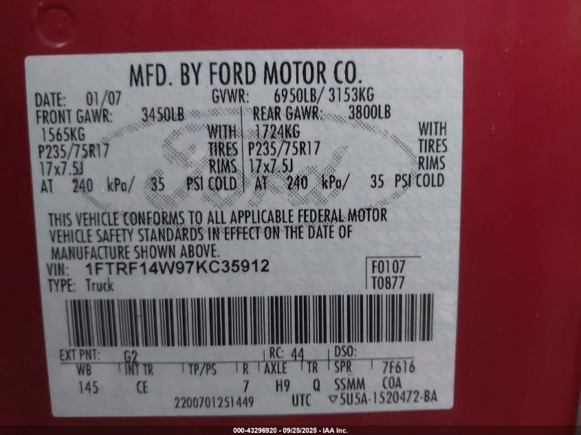 2007 Ford F-150 Stx/Xl/Xlt VIN: 1FTRF14W97KC35912 Lot: 43296920