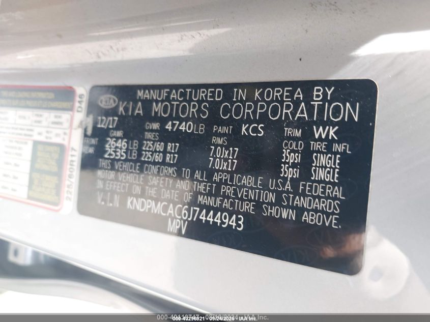 2018 Kia Sportage Lx VIN: KNDPMCAC6J7444943 Lot: 43296921