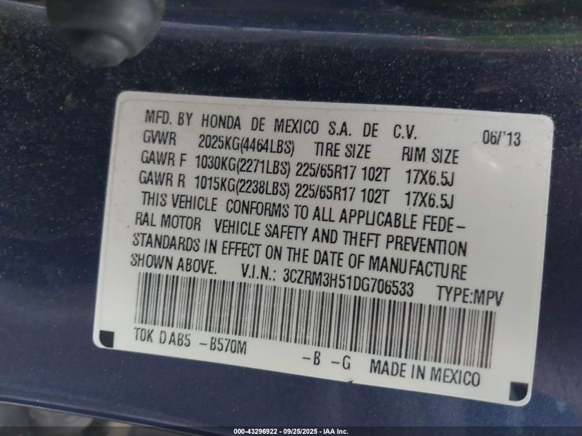 2013 Honda Cr-V Ex VIN: 3CZRM3H51DG706533 Lot: 43296922