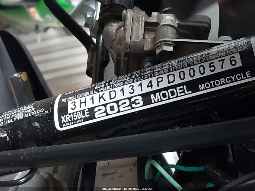 2023 Honda Xr150L E VIN: 3H1KD1314PD000576 Lot: 43296931