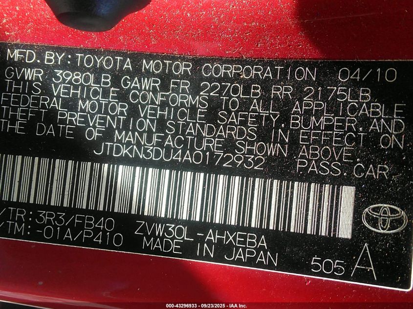 2010 Toyota Prius Ii VIN: JTDKN3DU4A0172932 Lot: 43296933