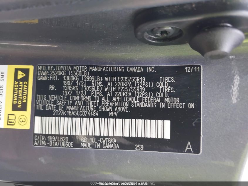 2012 Lexus Rx 350 VIN: 2T2ZK1BA5CC074484 Lot: 43296934