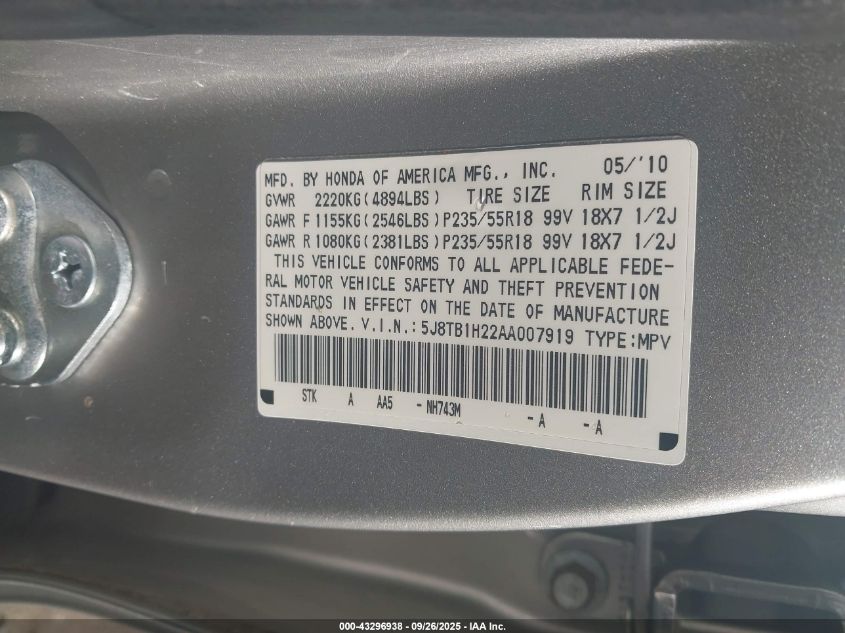 2010 Acura Rdx VIN: 5J8TB1H22AA007919 Lot: 43296938