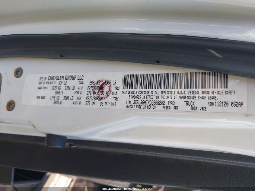 2013 Ram 1500 Express VIN: 3C6JR6ATXDG508202 Lot: 43296958