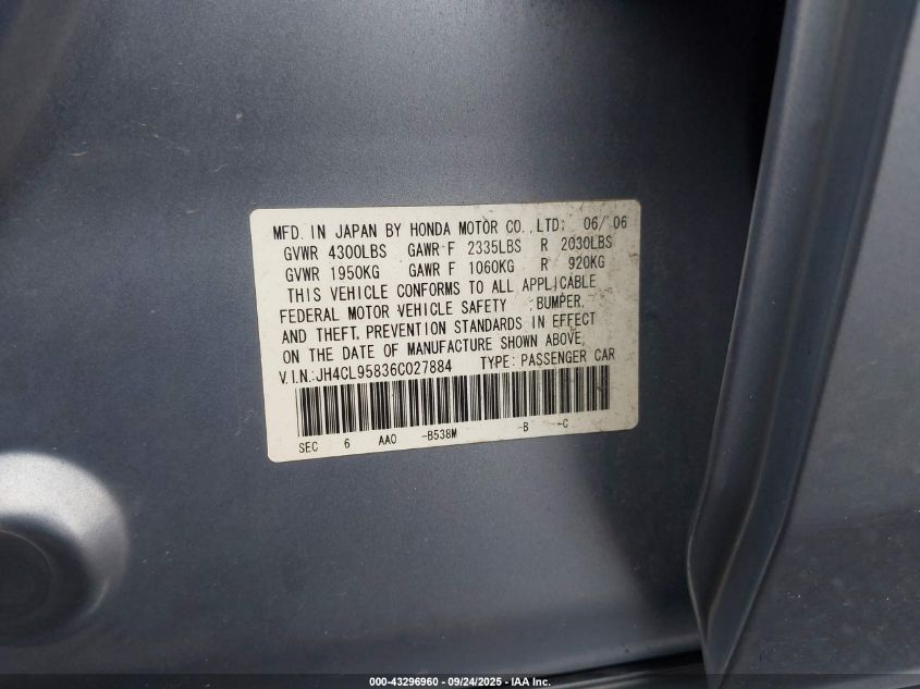 2006 Acura Tsx VIN: JH4CL95836C027884 Lot: 43296960