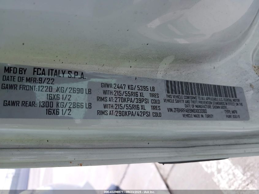 2022 Ram Promaster City Cargo Van VIN: ZFBHRFAB9N6X83080 Lot: 43296971