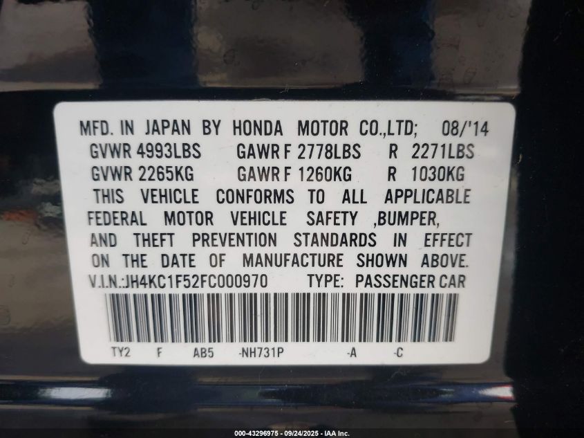 2015 Acura Rlx VIN: JH4KC1F52FC000970 Lot: 43296975