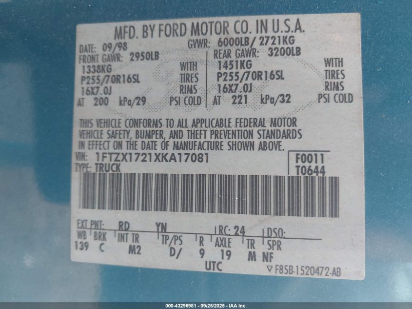 1999 Ford F-150 Work Series/Xl/Xlt VIN: 1FTZX1721XKA17081 Lot: 43296981