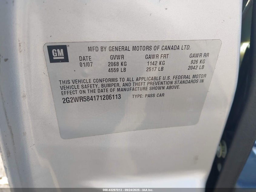 2007 Pontiac Grand Prix Gt VIN: 2G2WR584171206113 Lot: 43297013