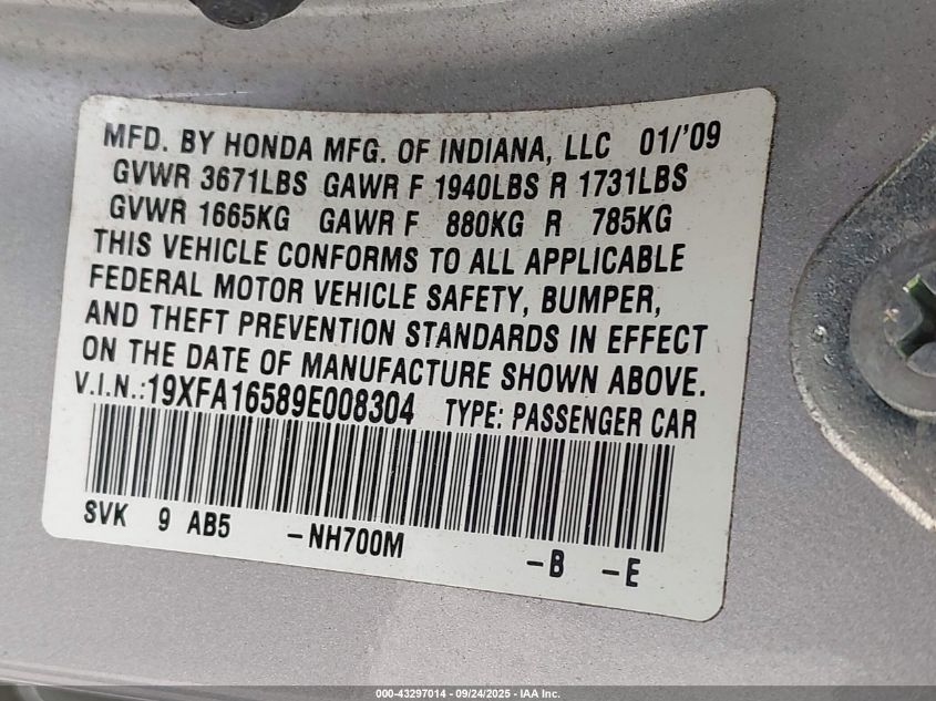 2009 Honda Civic Lx VIN: 19XFA16589E008304 Lot: 43297014