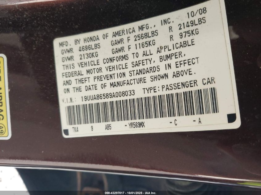 2009 Acura Tl 3.5 VIN: 19UUA86589A008033 Lot: 43297017