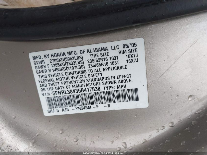 2005 Honda Odyssey Ex VIN: 5FNRL38435B417838 Lot: 43297026