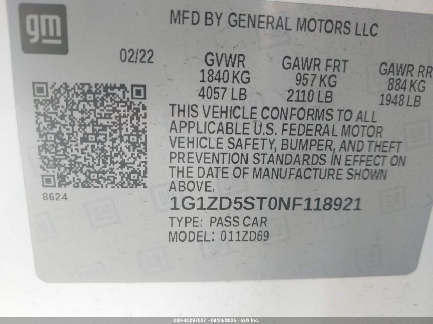 2022 Chevrolet Malibu Fwd Lt VIN: 1G1ZD5ST0NF118921 Lot: 43297027