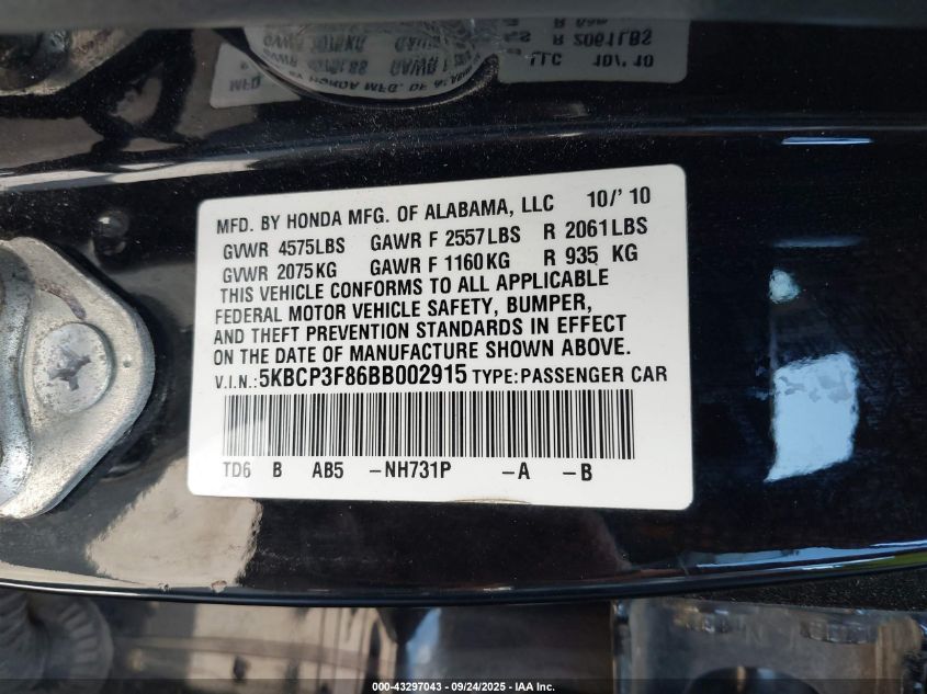 2011 Honda Accord 3.5 Ex-L VIN: 5KBCP3F86BB002915 Lot: 43297043