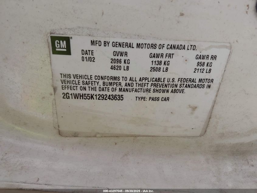 2002 Chevrolet Impala Ls VIN: 2G1WH55K129243635 Lot: 43297045