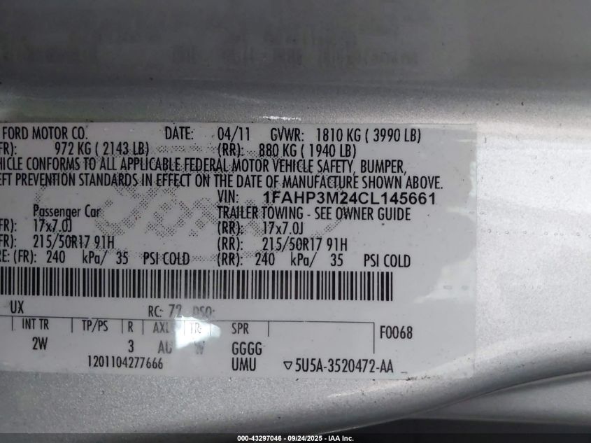 2012 Ford Focus Sel VIN: 1FAHP3M24CL145661 Lot: 43297046