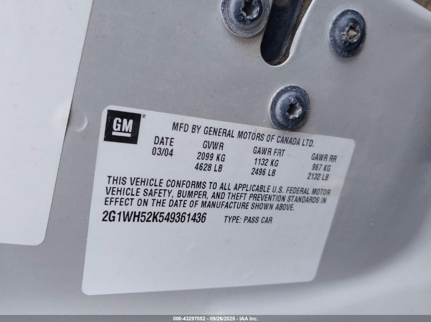 2004 Chevrolet Impala Ls VIN: 2G1WH52K549361436 Lot: 43297052