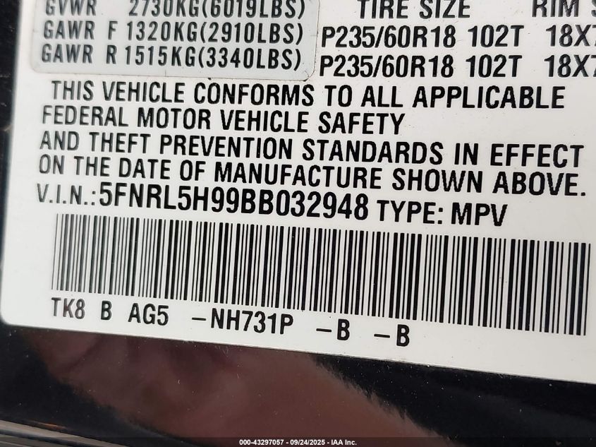 2011 Honda Odyssey Touring/Touring Elite VIN: 5FNRL5H99BB032948 Lot: 43297057