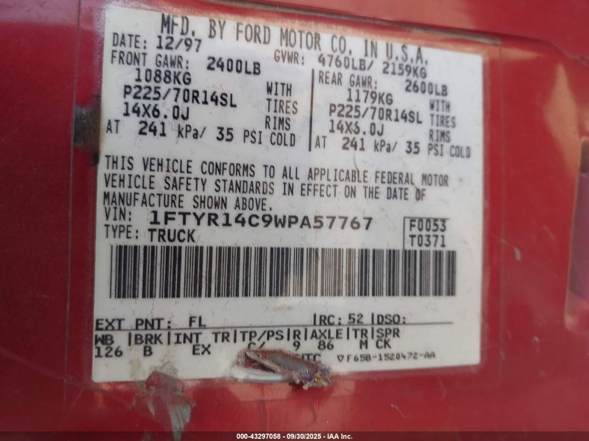 1998 Ford Ranger Xl/Xlt VIN: 1FTYR14C9WPA57767 Lot: 43297058