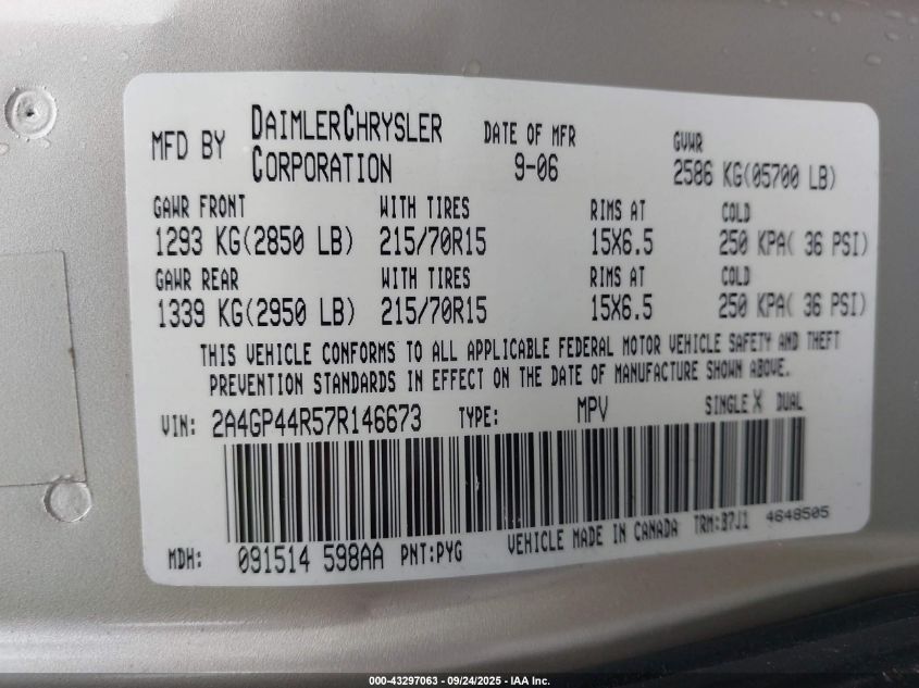 2007 Chrysler Town & Country Lx VIN: 2A4GP44R57R146673 Lot: 43297063
