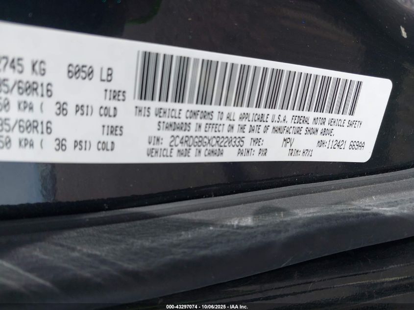 2012 Dodge Grand Caravan Se/Avp VIN: 2C4RDGBGXCR220335 Lot: 43297074