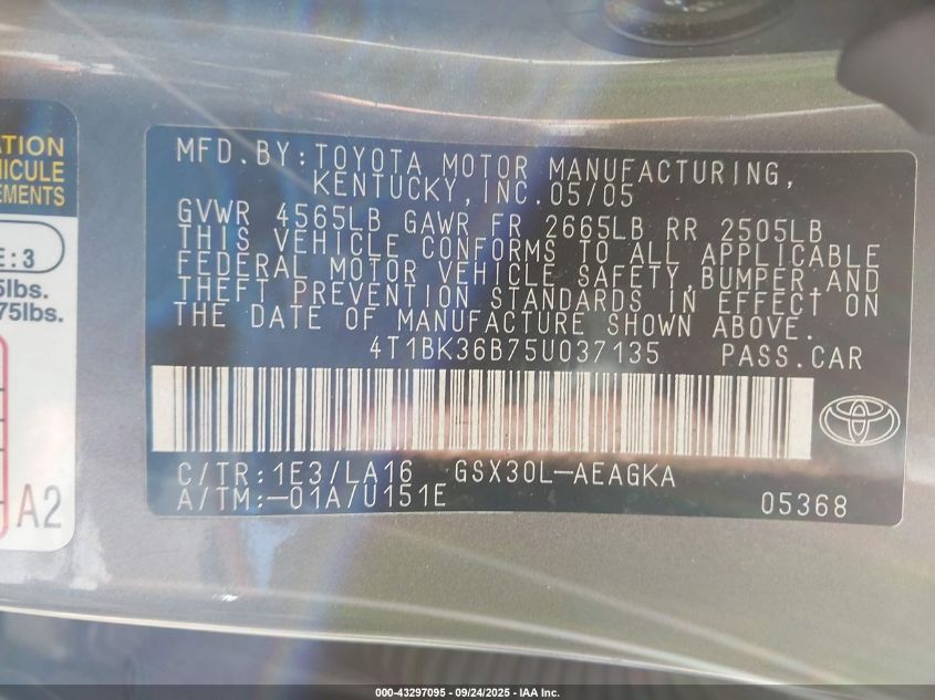 2005 Toyota Avalon Xls VIN: 4T1BK36B75U037135 Lot: 43297095