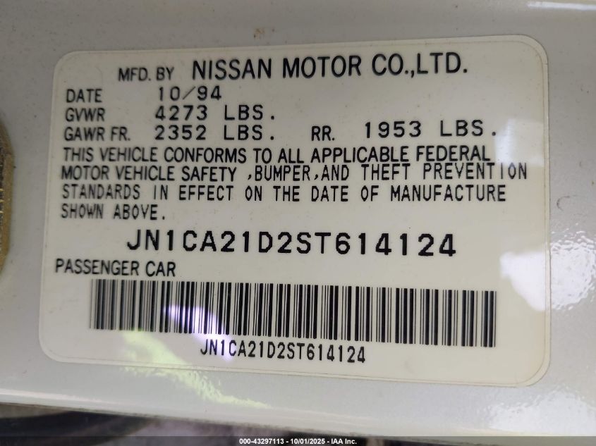 1995 Nissan Maxima Gle/Gxe/Se VIN: JN1CA21D2ST614124 Lot: 43297113