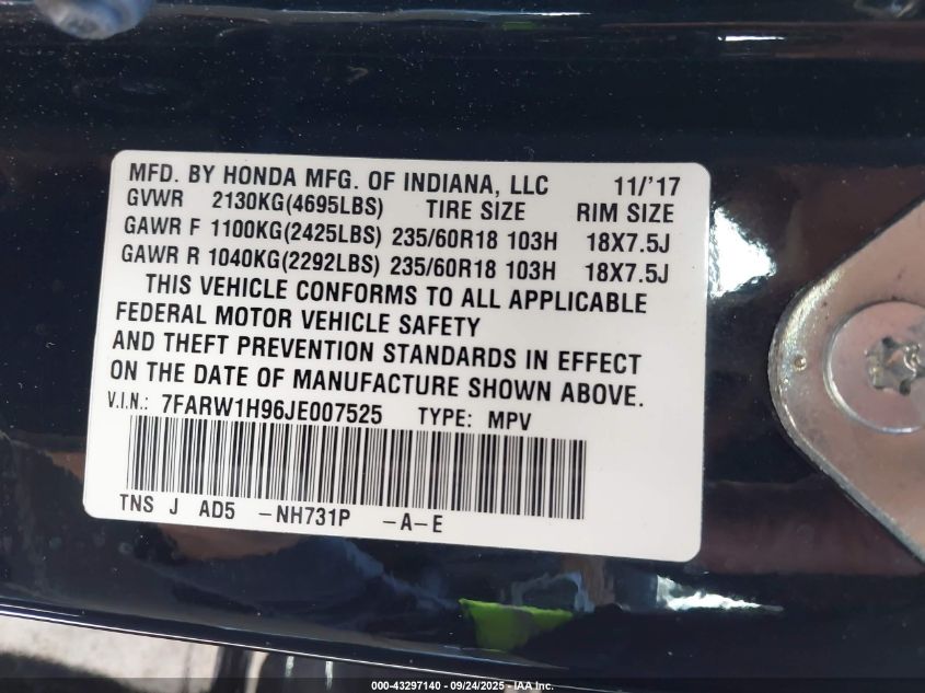 2018 Honda Cr-V Touring VIN: 7FARW1H96JE007525 Lot: 43297140
