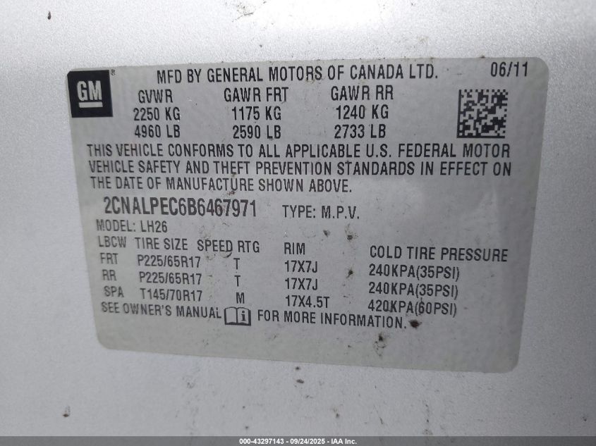 2011 Chevrolet Equinox 2Lt VIN: 2CNALPEC6B6467971 Lot: 43297143