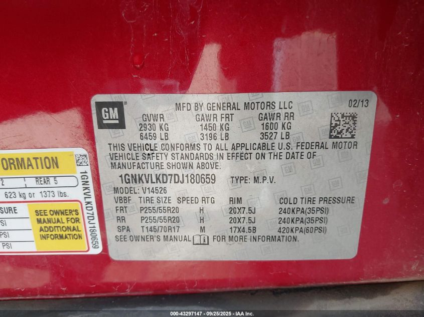 2013 Chevrolet Traverse Ltz VIN: 1GNKVLKD7DJ180659 Lot: 43297147